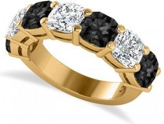 Allurez Cushion Black & Lab White Diamond Seven Stone Ring 14k Yellow Gold (5.25ct)