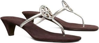 Tory Burch Miller Capri Thong Kitten Heel Sandal in Silver /Cocoa at Nordstrom, Size 10.5