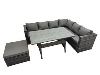 Fimous 7 Seater Patio Dining Corner Sofa Sets with Big Stool Dark Grey Mixed