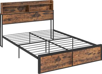 HOMCOM Industrial King Bed Frame - 5.2FT Steel Bed Base with Storage Headboard - Footboard - Slatted Support and Under Bed Storage - 158 x 222cm - Rus