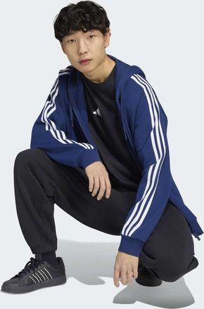 adidas adidas Performance - Essentials - Felpa blu navy 2 e bianca in spugna con cappuccio, zip e 3 strisce