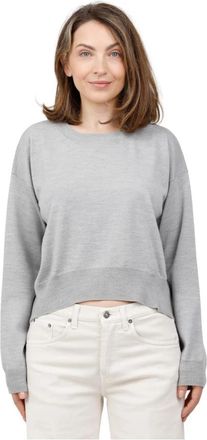 Dondup Maglia cropped over girocollo in lana merinos extrafine - Dames - Ronde hals truien - Grijs - S - Wol - Truien & Vesten
