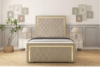 Sloomy Sofia Gold Plush Bed Frame With 50 Upholstered Headboard in Cream | Size: Super King