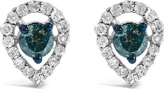 House of Brilliance Sterling Silver 1/2 Cttw Blue and White Diamond Pear Shape Halo Stud Earrings