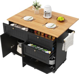 STILVORA Carro De Cocina Con Tablero Abatible, Ruedas Y Patas Regulables, En Mdf, Negro, 133 X 37,3 X 88 Cm
