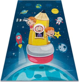 RugsX BAMBINO 42810 washing carpet Rocket, planets for children anti-slip - blue / brown blue 140x200 cm