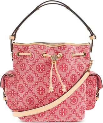 Tory Burch T Monogram Denim Bucket Bag - Dames - Schoudertassen - Rood - ONE Size - Denim - Tassen