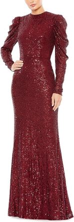 Mac Duggal Sequined High Neck Puff Long Sleeve Column Gown