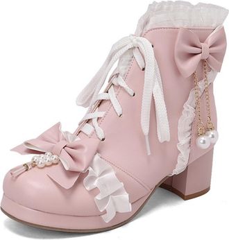 Generic Womens PU Leather Ankle Boots Bow Pearl Detail Round Toe Chain Ruffled Lace Trim Two Tone Block Heels Lace Up Soft Lining Durable Outsole,Pink,8.5 UK