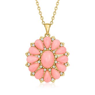 Ross-Simons Pink Coral and White Zircon Floral Pendant Necklace in 18kt Gold Over Sterling
