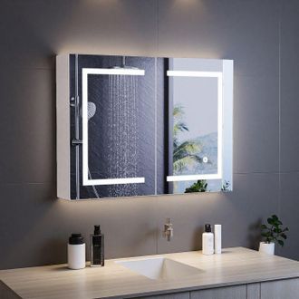 OEM Armario De Ba&ntilde;o Con Espejo, Armario De Pared 80x60 Cm, Mueble De Pared Para Ba&ntilde;o, 2 Puertas Y 3 Estantes, Led, Mdf
