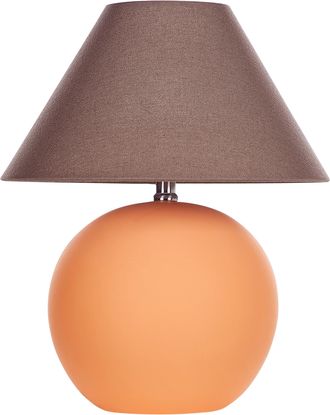 Beliani Beliani - L&aacute;mpara Cer&aacute;mica Base Terracota Mesita De Noche De Luz Con Pantalla De Tela De Lino Forma De Tambor Naranja Limia