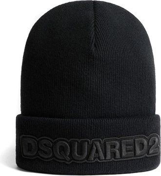 Dsquared2 Logo Geborduurd Gebreide Beanie - Heren - Hoeden - Zwart - ONE Size - Wol - Accessoires