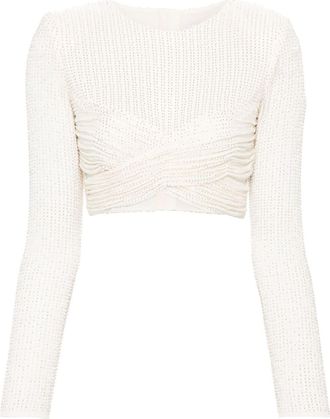 Self Portrait bead-embellished crop top - women - Polyamide/Elastane/Polyester - 6 - Neutrals