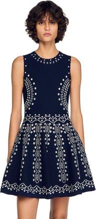 Sandro Scarf-print knit short dress in Navy Blue at Nordstrom, Size 34 Eu