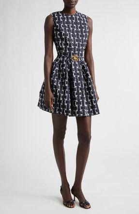Oscar De La Renta Frayed Jacquard Denim Fit & Flare Minidress in Indigo at Nordstrom, Size 12