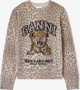 Ganni Brown Sweater with Tiger - Size XXS Wool