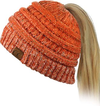 C.C BeanieTail Soft Stretch Cable Knit Messy High Bun Ponytail Beanie Hat, Confetti Ombre Orange, One Size