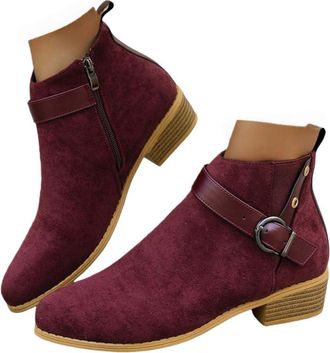 Generic Ladies Ankle Boots Ladies Low Heels Flat Ankle Boots Faux Suede Elastic Buckle Strap Round Toe Short Boot with Side Zip Fall Shoes Fashion Western Cow