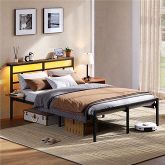 Yaheetech Homevive Estructura De Cama De 140 &times; 200 Cm Con Cabecero Led Y Estaci&oacute;n De Carga, Base De Cama Met&aacute;lica Con Estante De Almacenamiento, Negro
