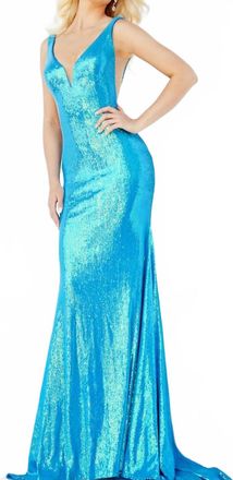 Jovani Plunging Neckline Open V-Back Dress In Irredesent Royal