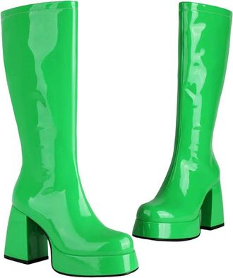 Generic Womens Glossy Patent Leather Upper Square Knee Platform Side Zipper Boots