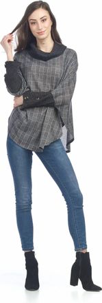 Papillon Soft Plaid Cowl Neck Poncho In Grey