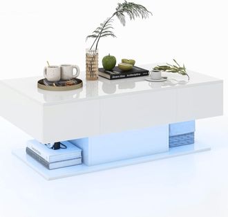 Costway Costway - Mesa De Centro Con Led Moderna, Decorativa De 2 Niveles Con 20 Luces Led De Colores Y 2 Cajones De Almacenamiento, Mesa Central Rectangular 