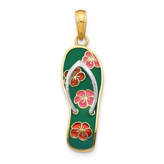 Diamond2Deal 14k Yellow Gold Rhodium 3D Enameled Flowers On Green Flip Flop Pendant