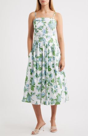 CeCe by Cynthia Steffe Floral Fold Over Neck Drop Waist Cotton Midi Sundress in Dusty Blue at Nordstrom, Size Xx-Small