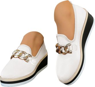 Generic Womens Suede Wedge Loafers Comfortable Slip On Platform Walking Shoes Cute Metal Chain Chunky Wedges Loafers for Women Non-Slip Round Toe Low Top Busi