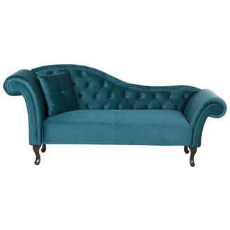 Beliani Beliani - Chaise Longue Tapizado En Terciopelo Azul Verde Azulado Acolchado Capiton&eacute; Versi&oacute;n Izquierda Con Coj&iacute;n Lattes