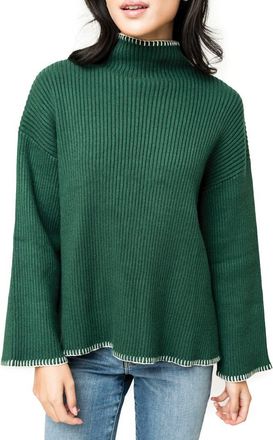 Gibsonlook Whipstitch Trim Rib Sweater in Green Forest Ivory at Nordstrom, Size X-Small