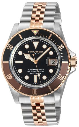 Haurex Mens Eterno Brown Bezel Black Dial Two Toned Stainless Steel Bracelet Watch - One Size