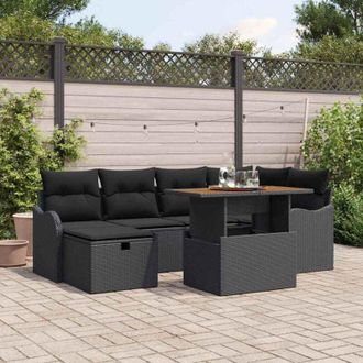 vidaXL Conjunto De Sof&aacute; De Jard&iacute;n 7 Pcs Negro Rat&aacute;n Sint&eacute;tico