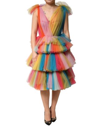 Dolce & Gabbana Multicolor Nylon Tiered Tulle Midi Womens Dress