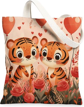 Generic Canvas Tote Bag for Shopping 13x15, Kid Fun Wildlife Couple Reusable Grocery Print Bag for Women, Animal Lover Beach Aesthetic Painting Gift Decor