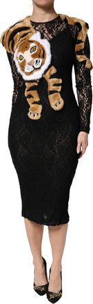 Dolce & Gabbana Black Lace Faux Fur Tiger Appliqu&eacute; Sheath Womens Dress