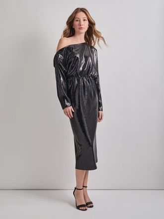 Misook Modern Fit Sequin Novelty Woven Blouson Midi Dress in Black at Nordstrom, Size Xx-Small
