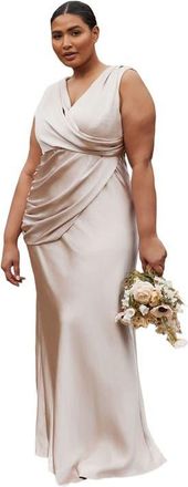 Six Stories Plunge Drape Satin Bridesmaid Dress in Oyster at Nordstrom, Size 12