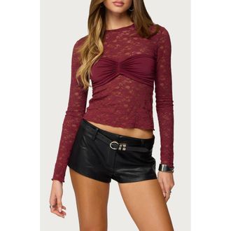 Edikted Rosette Bandeau Long Sleeve Lace Top in Burgundy at Nordstrom, Size X-Small