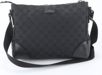 Gucci Black Leather Canvas Messenger Bag Shoulder Bag (Pre-Owned)