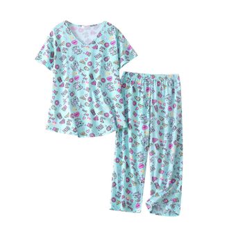 Generic Womens Pyjamas Sets Ladies Pjs Women Pyjamas Set Causal Cotton Pyjama Cute Print Nightwear Plus Size Short Sleeve Top and Cropped Bottoms Pjs Set Cott