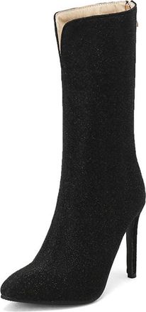 Generic Womens Glitter Pointed Toe Stiletto High Heel Pumps Side Zipper Mid Calf Sock Boots Fashion Party Winter Shoes (Black,5.5)