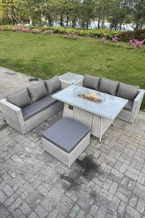 Fimous Corner Rattan Fire Pit Garden Furniture Set Gas Heater Burner Lounge Sofa Side Coffee Table in Light Grey