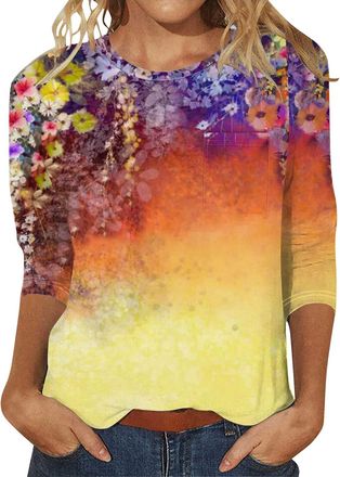 Generic 2025 Long Sleeve T Shirt Womens Blouse Loose Tunic Womens 3/4 Length Sleeve T Shirts Casual Round Neck Cute Tunics Tops Basic Loose Fit Tees with Pock