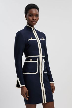 Karen Millen Womens Figure Form Bandage Knit Piping Detail Military Mini Dress - Navy - Size 12 UK