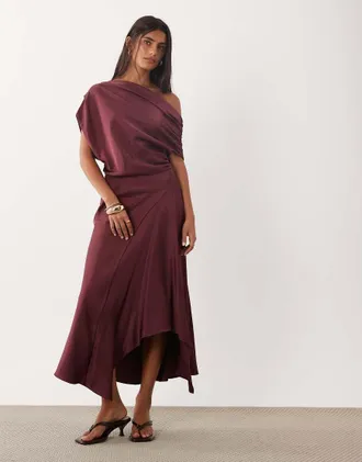 Mango vestito midi in raso monospalla rosa-Rosso