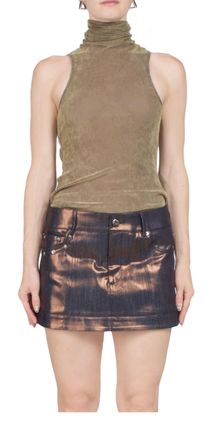 PriscaVera Velvet Mesh Turtleneck Tank Top In Olive Oil