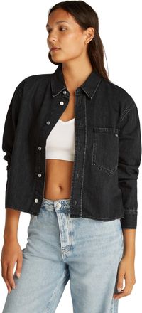 Calvin Klein Womens Cropped Dad Denim Shirt with Chest Pocket, Black (Denim Black), XS